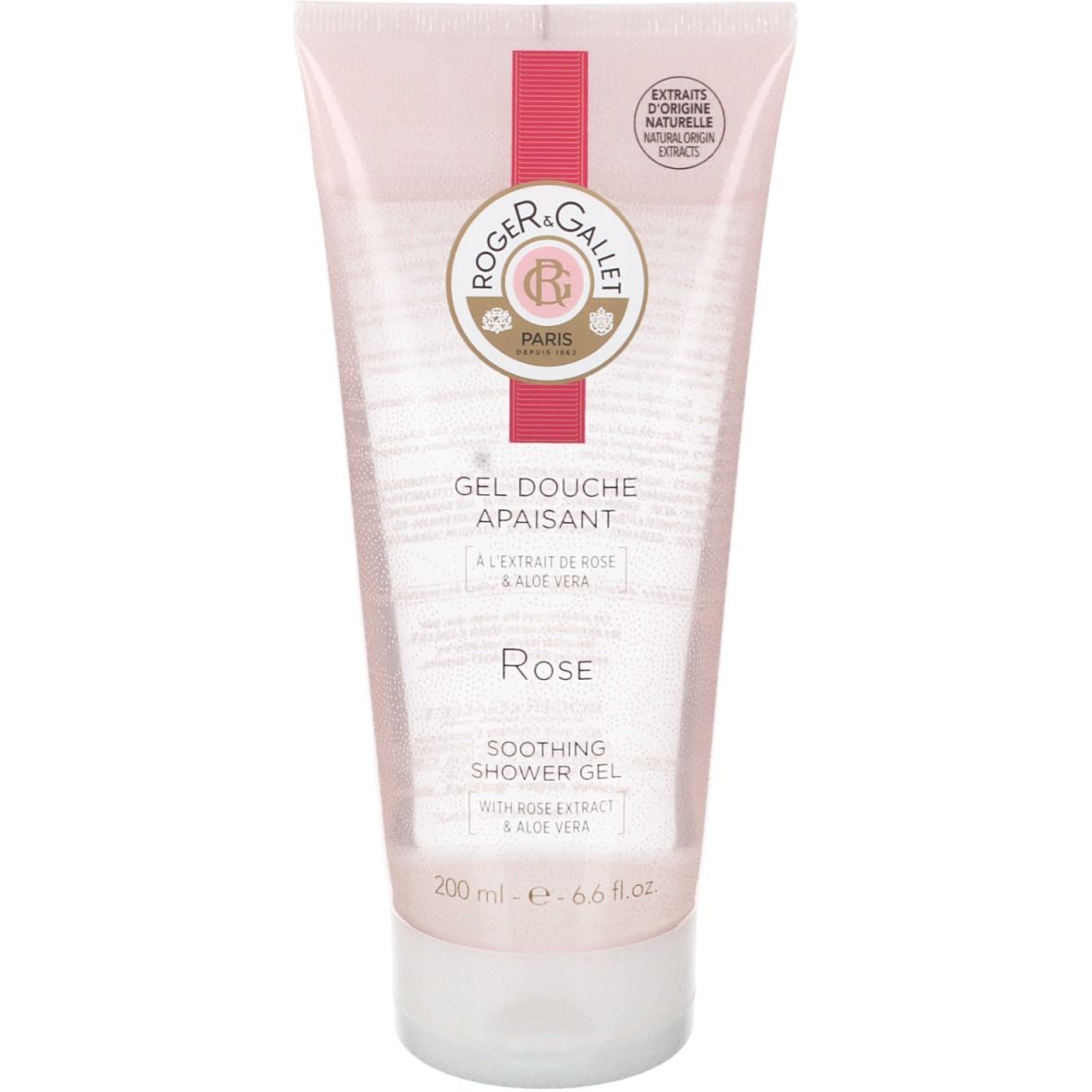 Rosa Duschgel-Tube. Rosa-weißes Design mit Logo und Schriftzug. Enthält Rosenextrakt und Aloe Vera. 200 ml.