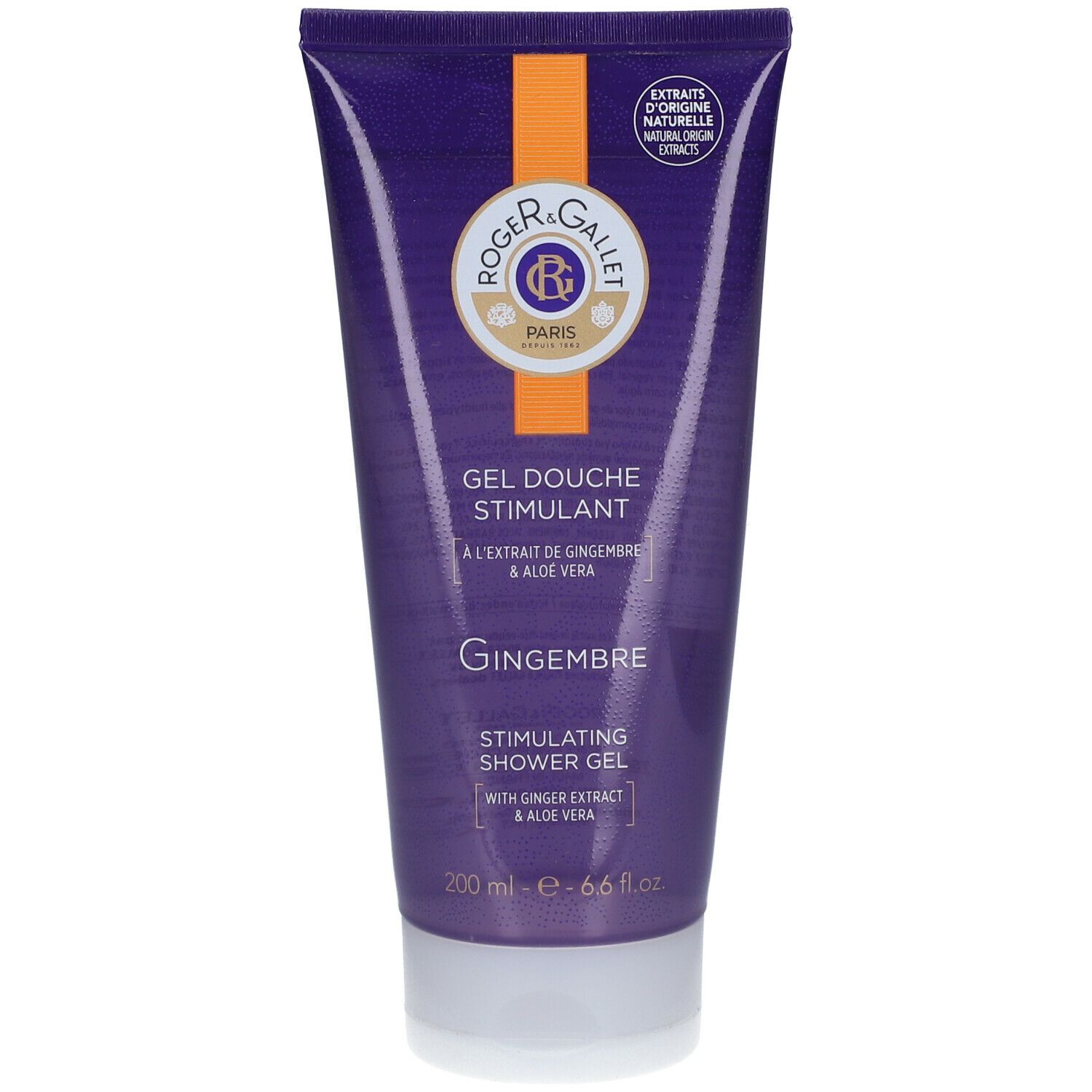 Lila Tube mit weißem Verschluss. Aufschrift: Roger & Gallet, Gingembre, Duschgel. Enthält Ingwer-Extrakt und Aloe Vera. 200 ml.