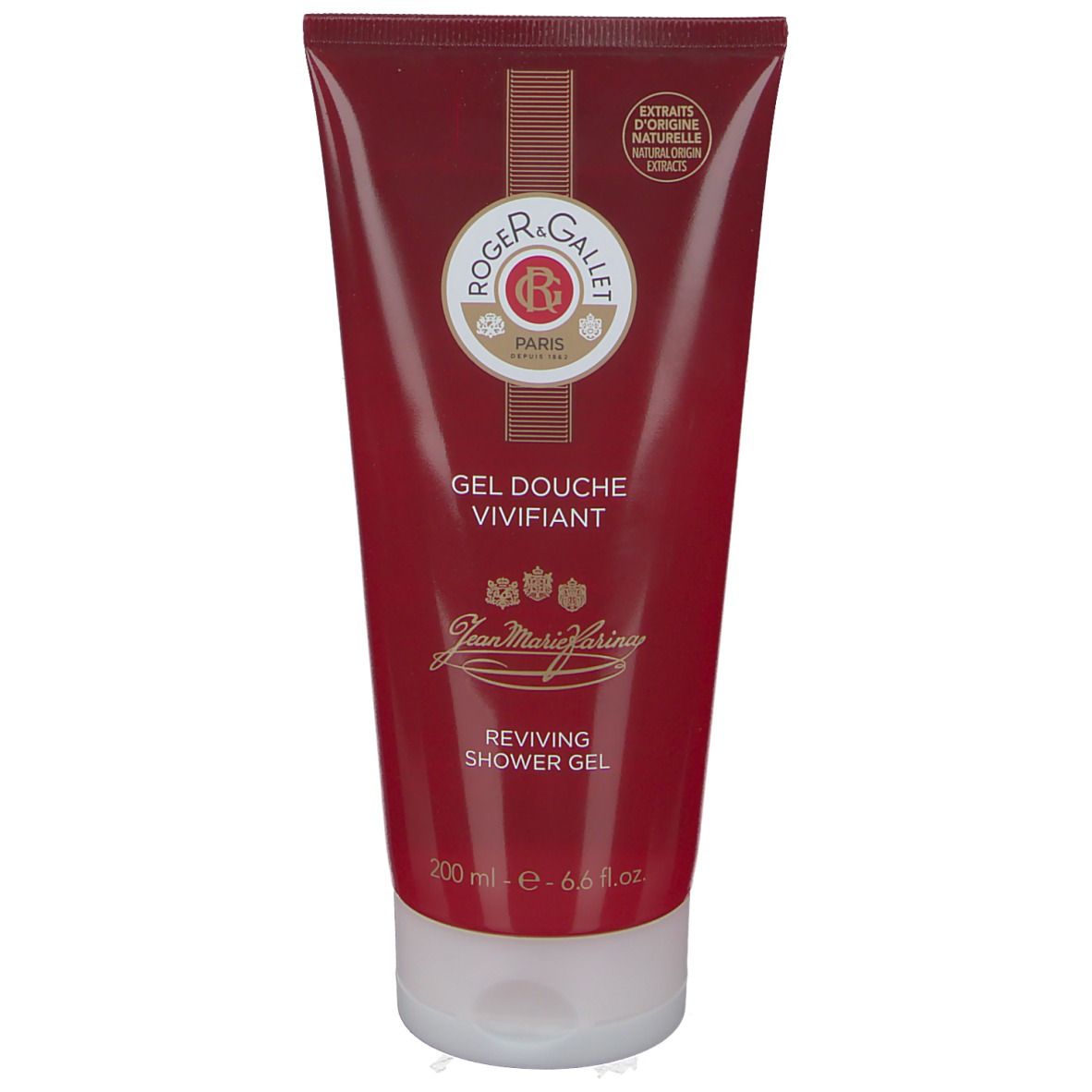 Tube rouge transparent avec bouchon blanc. Inscription: Roger & Gallet, Gel Douche Vivifiant, Jean Marie Farina, Reviving Shower Gel.