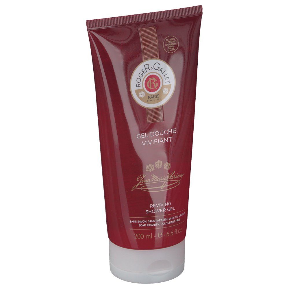 Tube rouge transparent avec bouchon blanc. Inscription: Roger & Gallet, Gel Douche Vivifiant, Jean Marie Farina, Reviving Shower Gel.