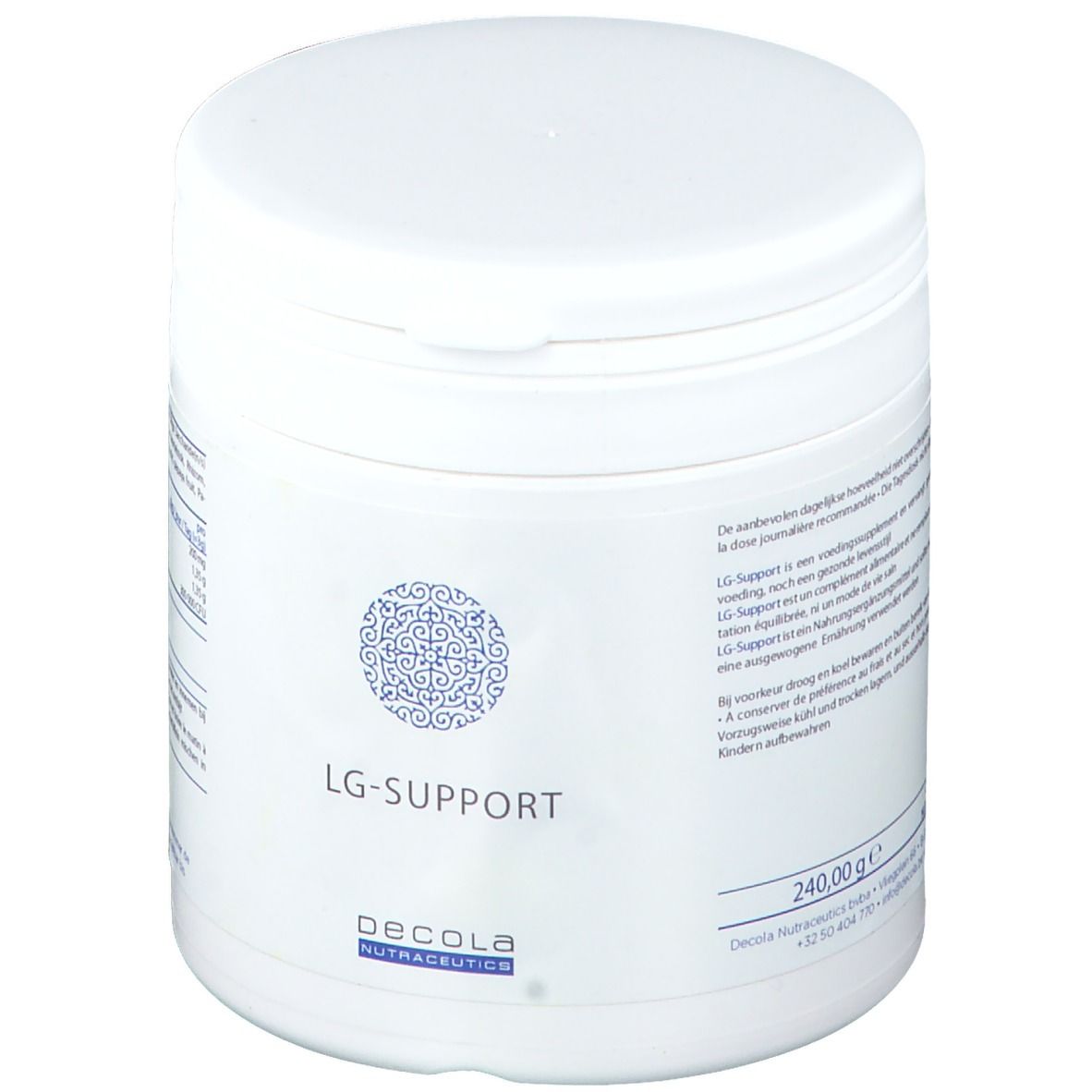 Weißes zylindrisches Produkt. Aufschrift: LG-SUPPORT. Logo und Markenname: Decola Nutraceutics. Dose mit Deckel.