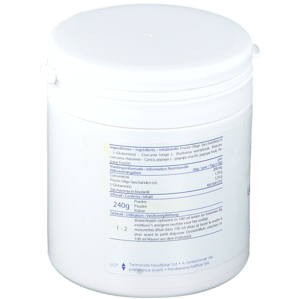 Weißes zylindrisches Produkt. Aufschrift: LG-SUPPORT. Zutatenliste, Dosierung und Inhaltsangaben. Dose mit Deckel.