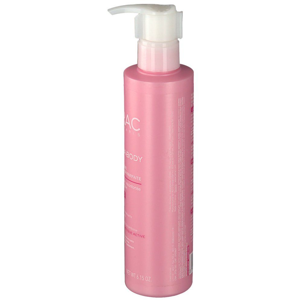 Rosa Flasche mit weißem Pumpkopf. Text: Lierac, Hydra-Body, Korpermilch. Seitliche Ansicht.