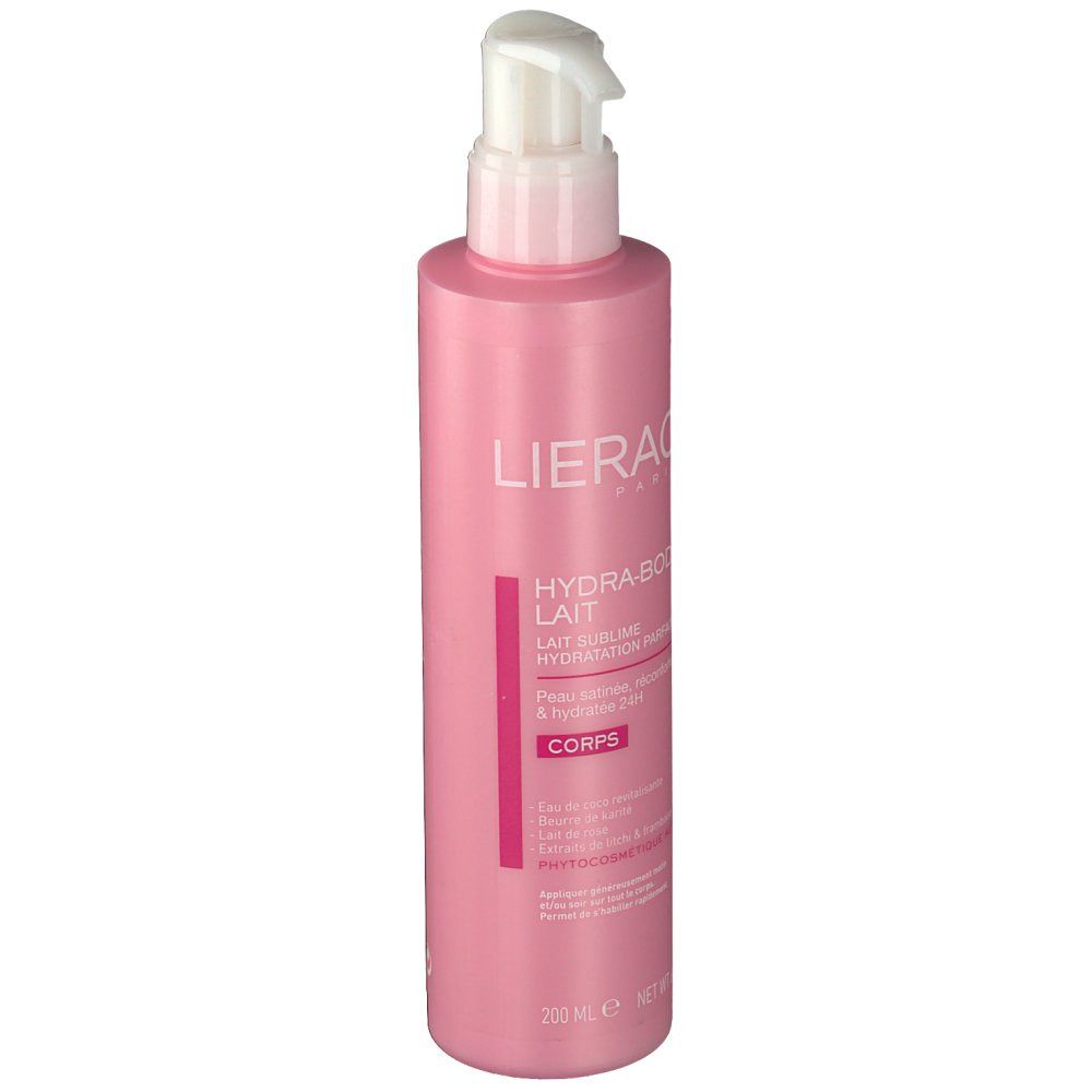 Rosa Flasche mit weißem Pumpkopf. Text: Lierac, Hydra-Body, Lait hydratation. Vorderansicht.