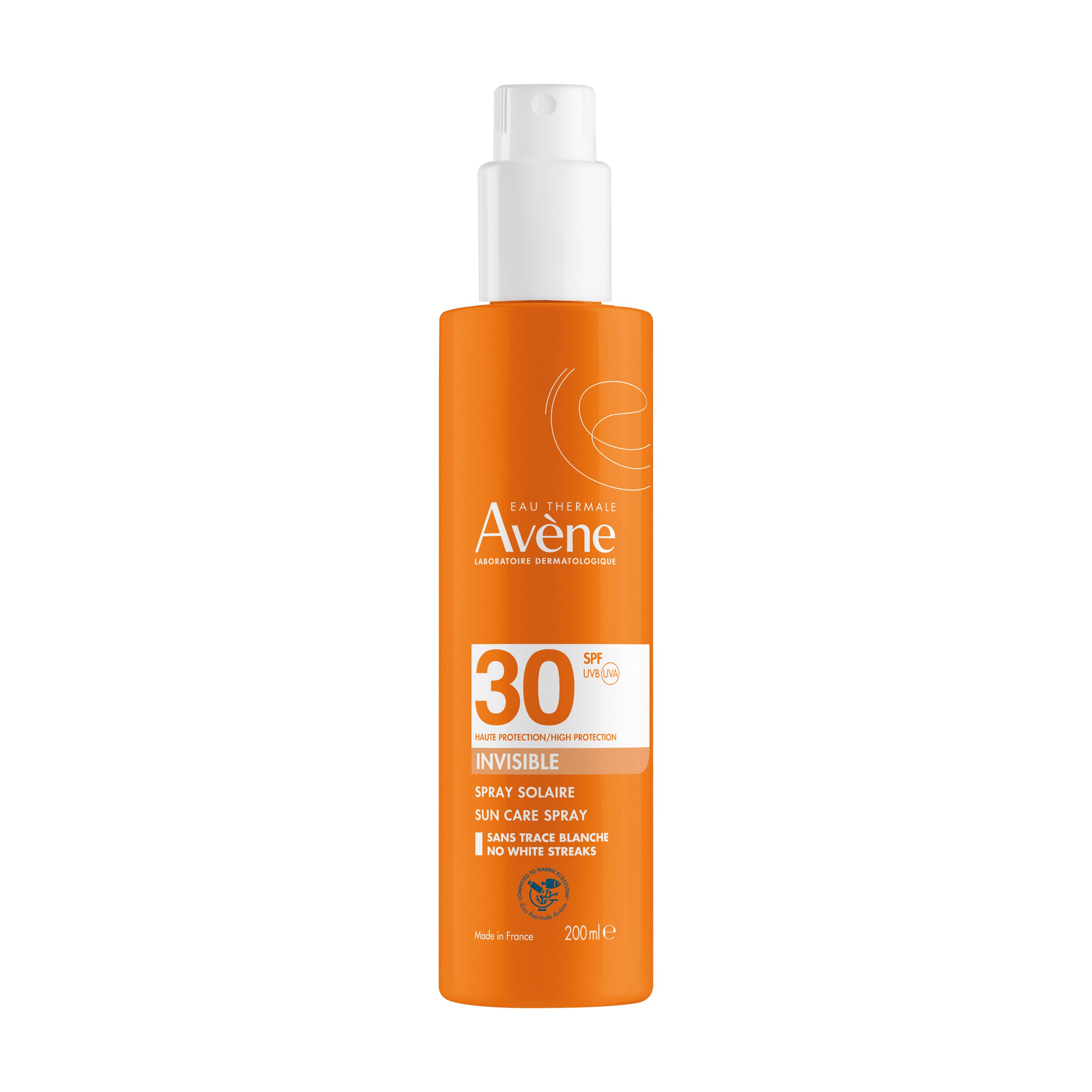 Avène Invisible Spray SPF 30, orangefarbene Flasche mit weißem Sprühkopf. Text: 30, Invisible, Sun Care Spray.