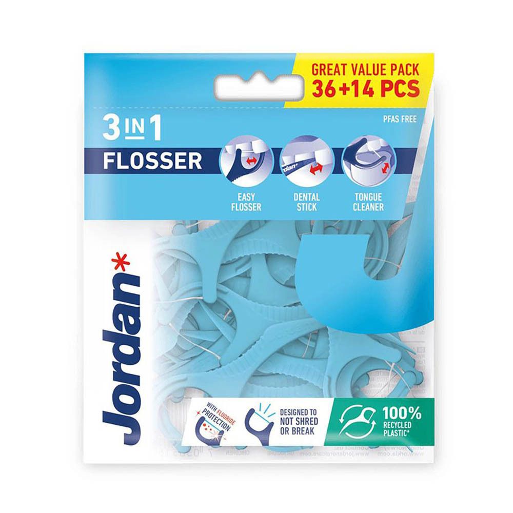 Verpackung Jordan 3-in-1 Flosser. Enthält 36+14 Stück. Blaue Zahnseide-Sticks in transparenter Plastikverpackung. Mit Logos und Produktinformationen.