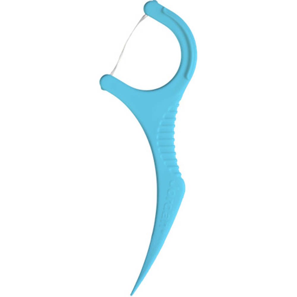 Einzelner blauer Jordan 3-in-1 Flosser. Kunststoffgriff mit Zahnseide. Ergonomisches Design.