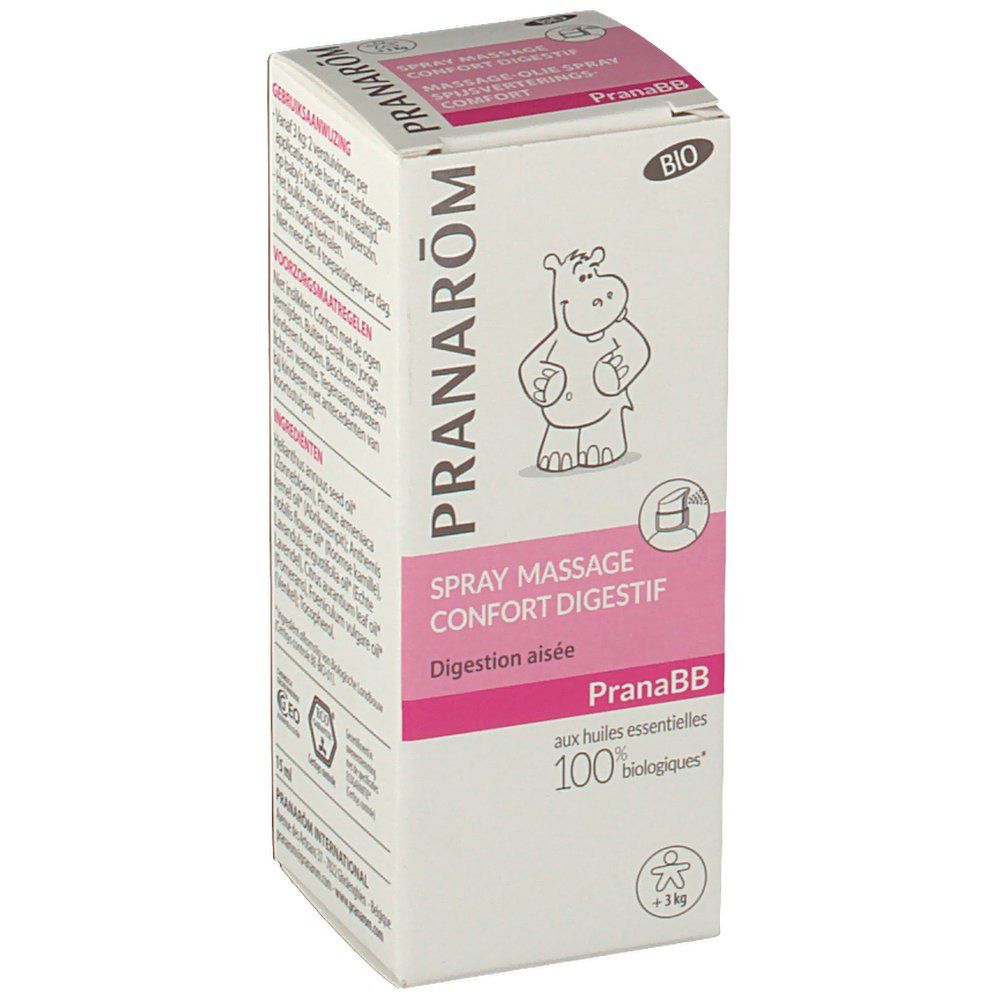 Boîte avec informations produit. Emballage rose et blanc. Contient le logo PRANAROM et PranaBB.