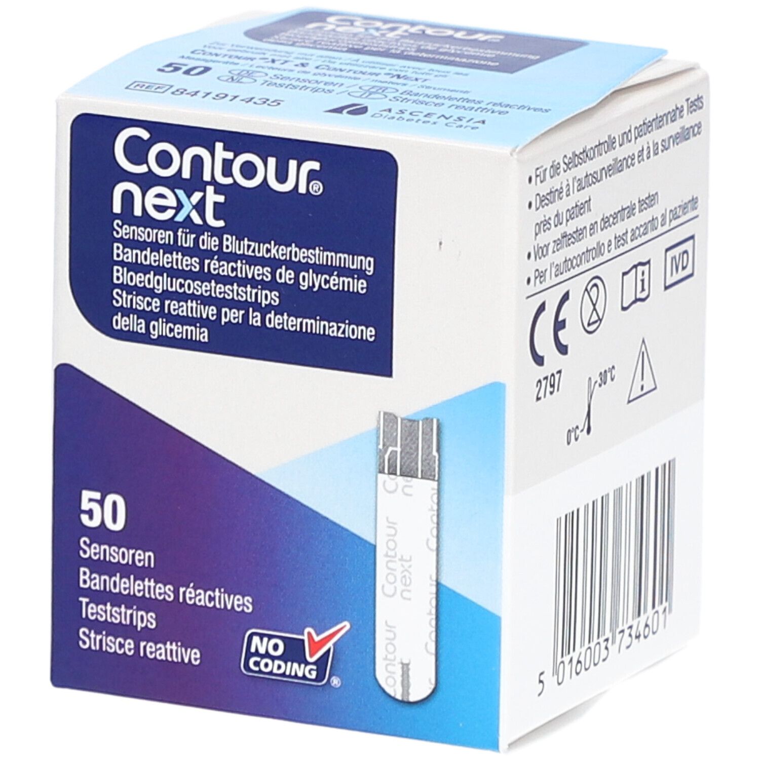 Verpackung mit Contour Next Teststreifen. Enthält 50 Sensoren. Aufdruck: "NO CODING".
