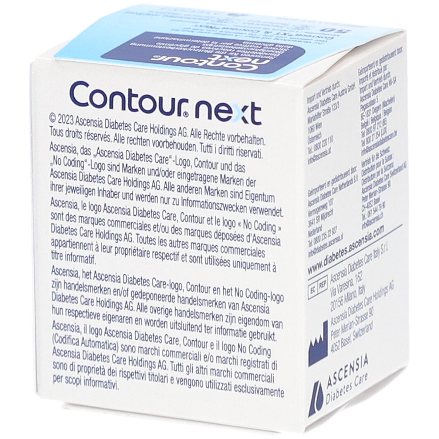 Verpackung mit Contour Next Teststreifen. Enthält Informationen zu den Reagenzien.