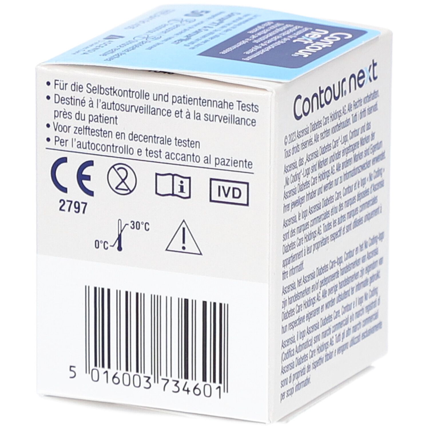 Verpackung mit Contour Next Teststreifen. Enthält Kontaktinformationen und Herstellerangaben.
