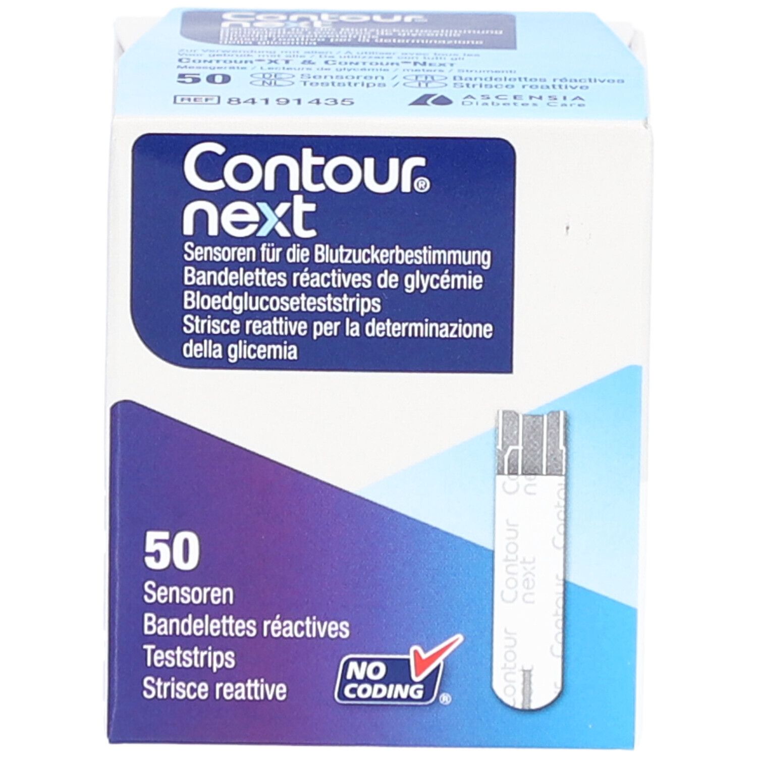 Verpackung mit Contour Next Teststreifen. Enthält 50 Teststreifen. Aufdruck: "NO CODING".