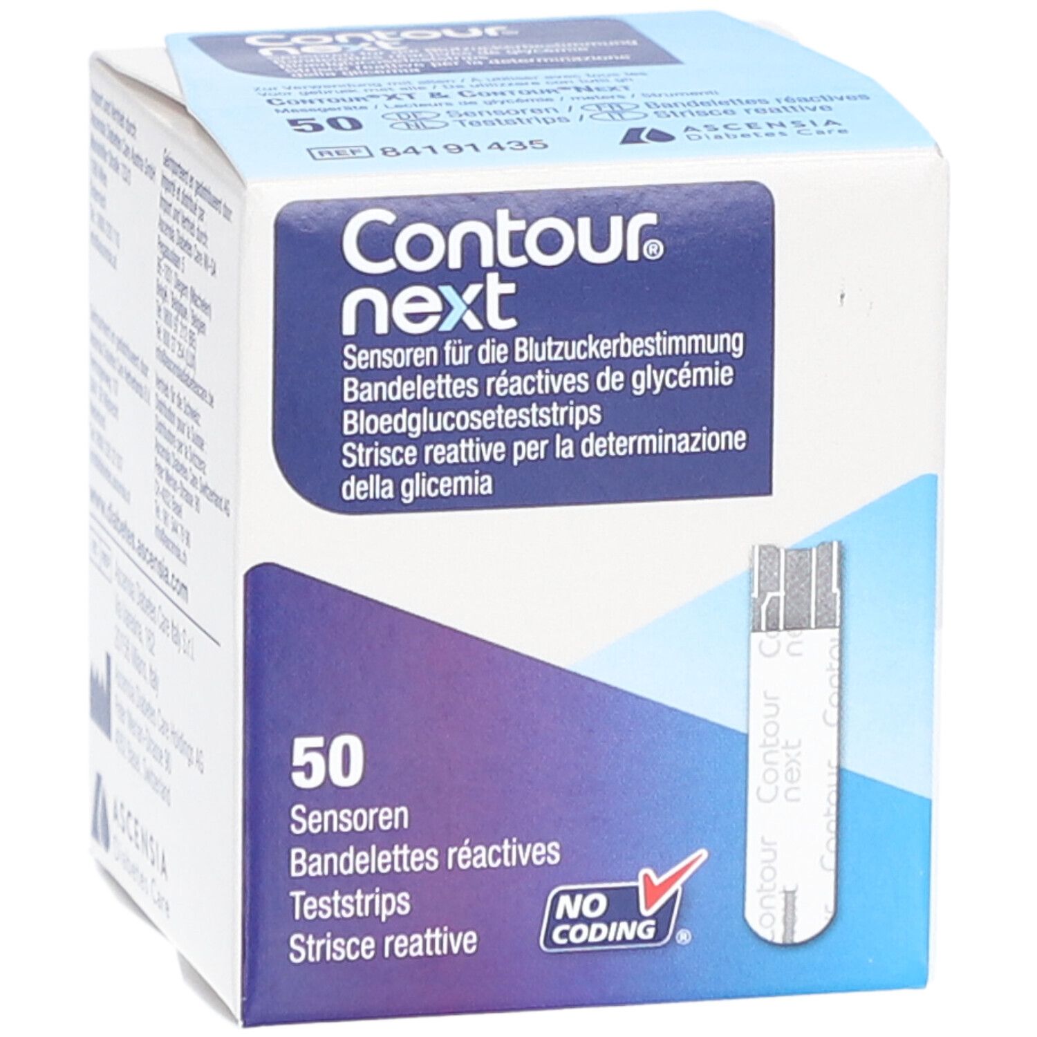 Verpackung mit Contour Next Teststreifen. Enthält 50 Teststreifen. Aufdruck: "NO CODING".