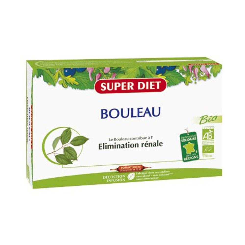Verpackung mit SUPERDIET Bouleau. Grün-weiße Schachtel mit Produktnamen und Bio-Siegel. Text: Elimination rénale.
