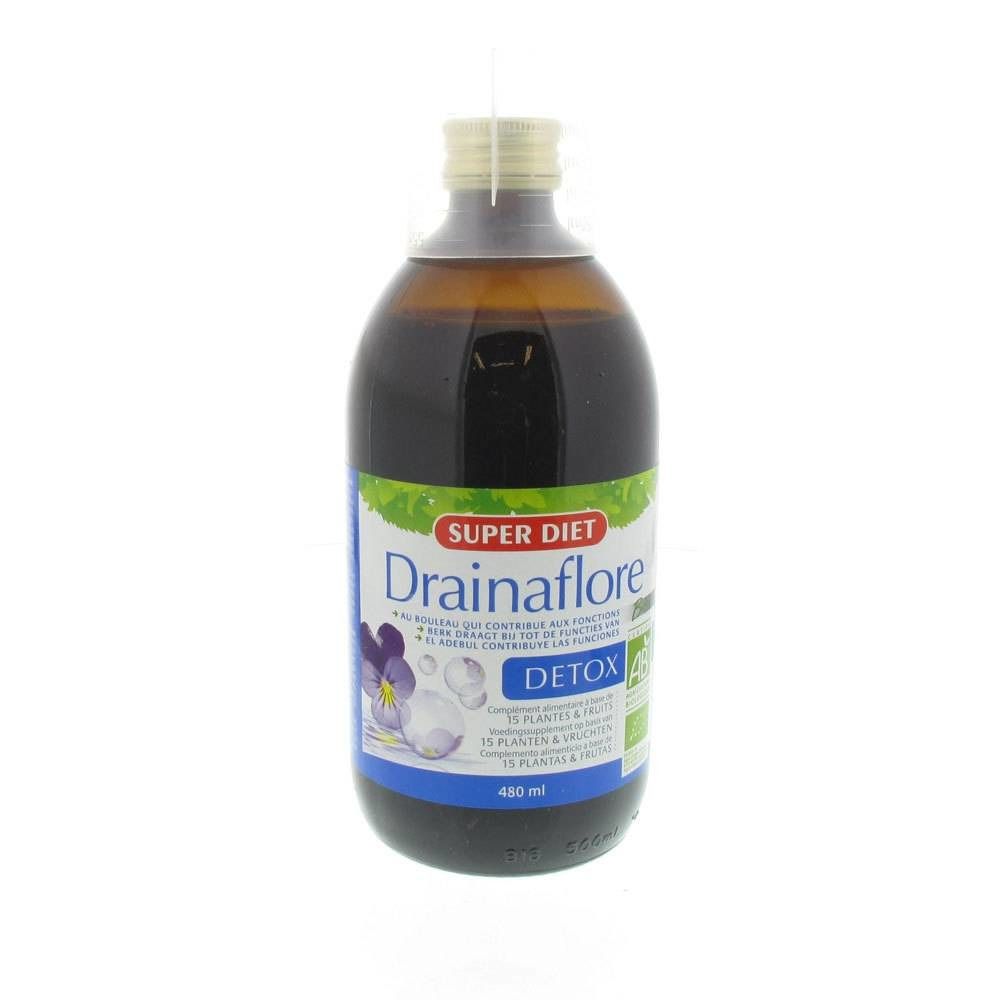 Flacon en verre brun avec étiquette. Inscription: SUPER DIET Drainaflore DETOX. Fleur violette et indication de volume 480 ml.