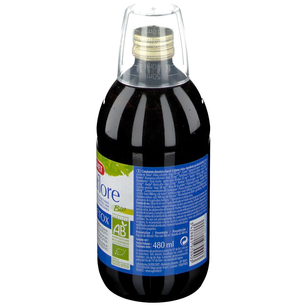 Flacon en verre brun avec bouchon. Dos avec étiquette bleue et texte. Volume 480 ml. Certification bio.