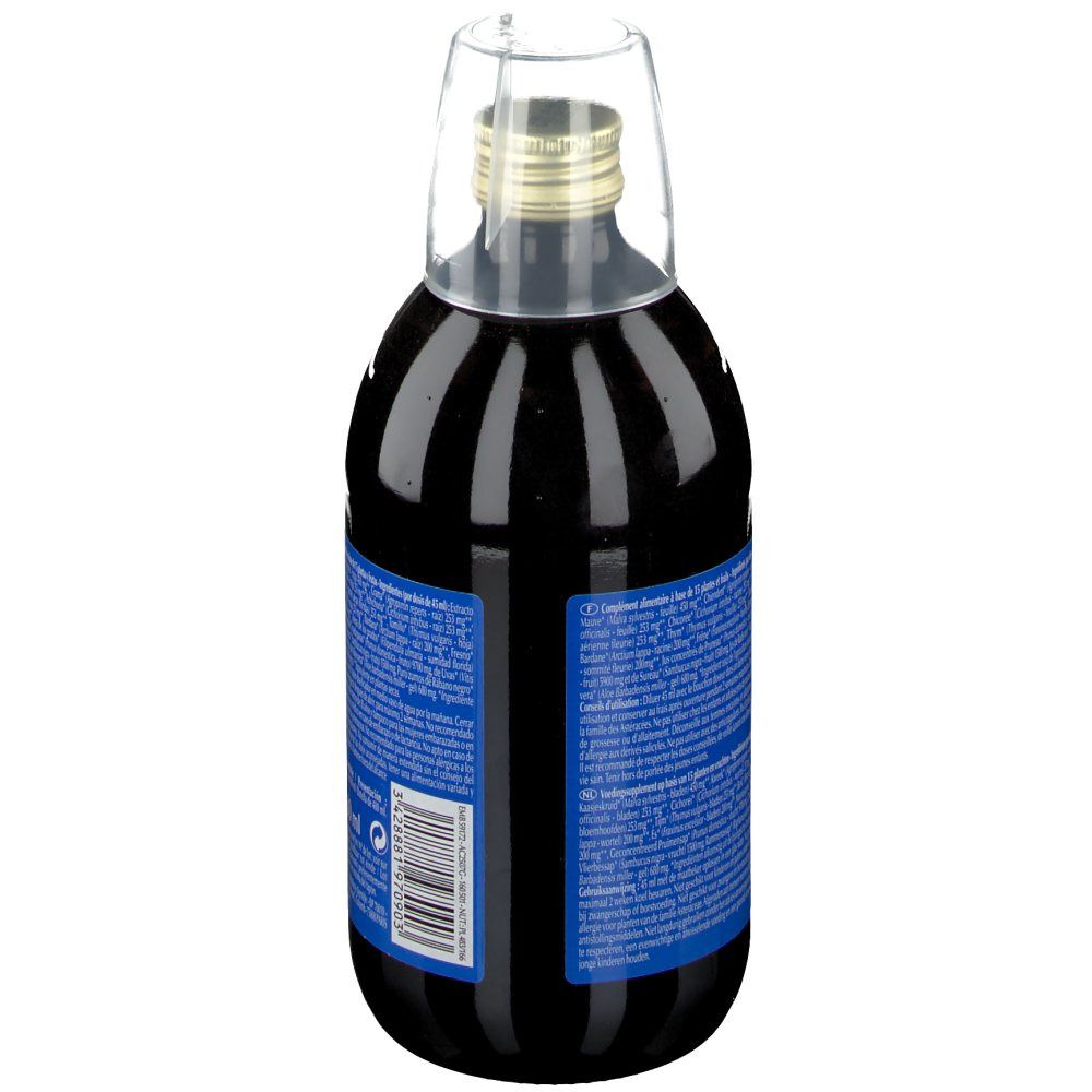 Flacon en verre brun avec bouchon. Dos avec étiquette bleue et texte. Volume 480 ml. Certification bio.