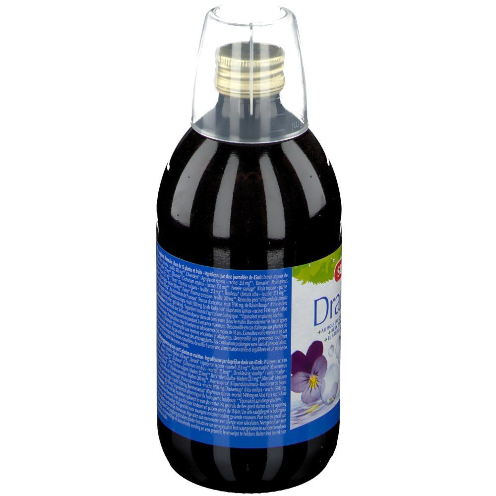 Flacon en verre brun avec bouchon. Dos avec étiquette bleue et texte. Volume 480 ml. Certification bio.