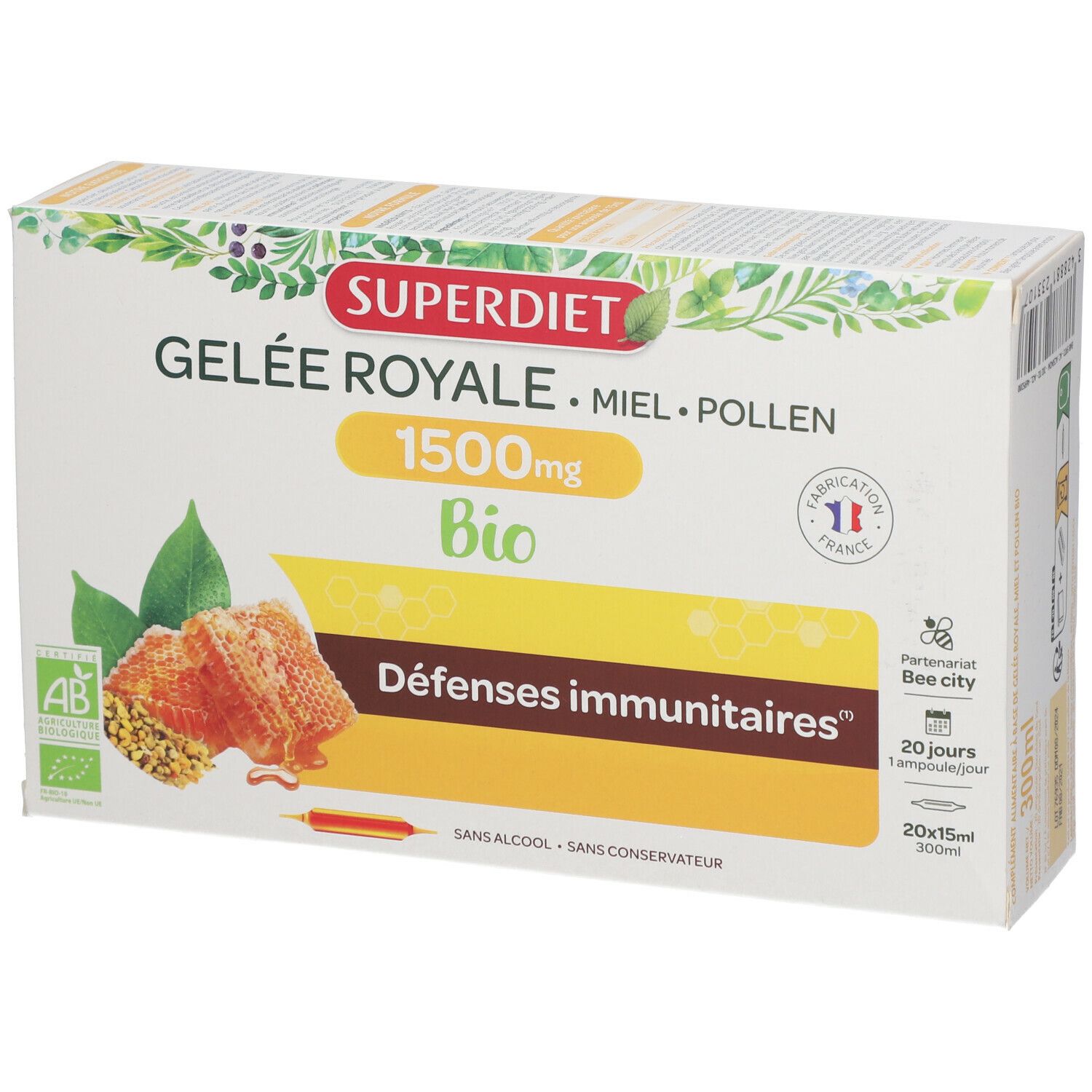 GELÉE ROYALE 1500MG MIEL POLLEN  BIO  - 20 ampoules de 10 ml