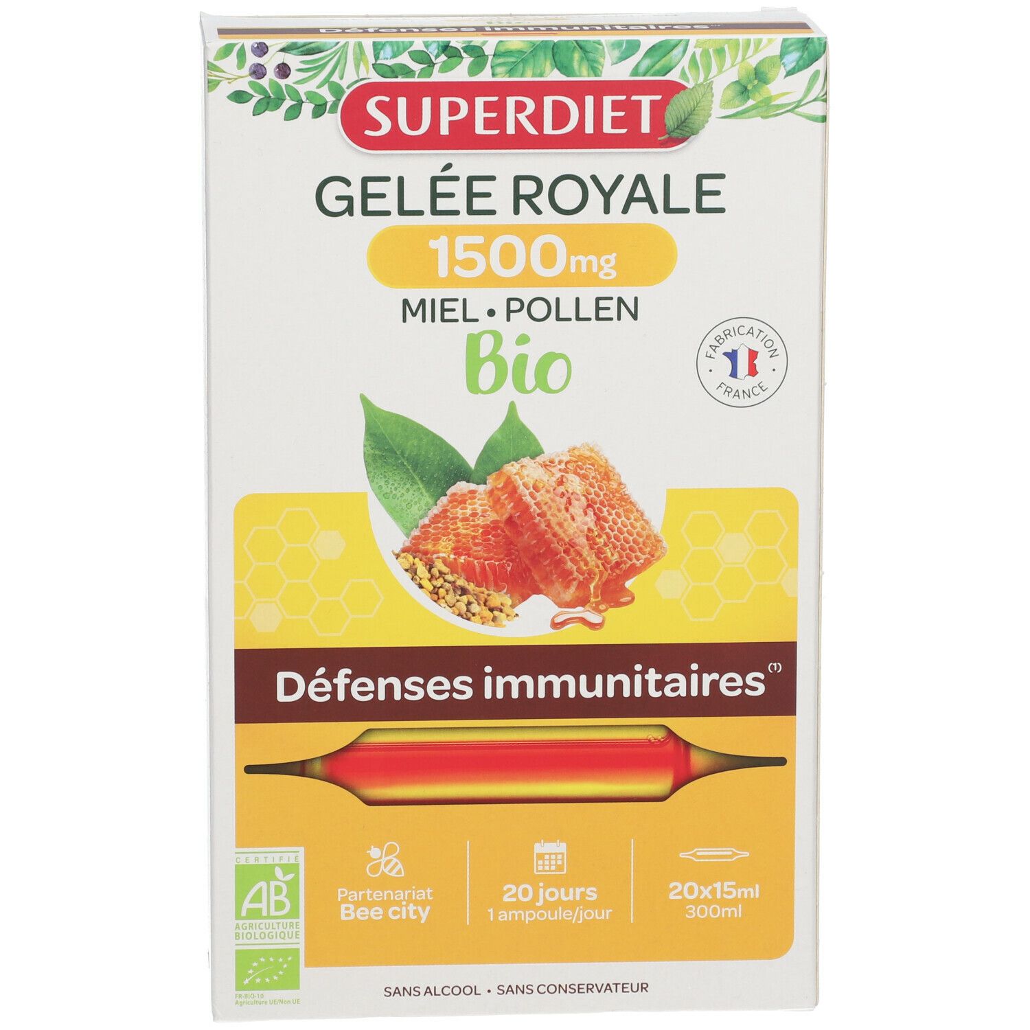 GELÉE ROYALE 1500MG MIEL POLLEN  BIO  - 20 ampoules de 10 ml