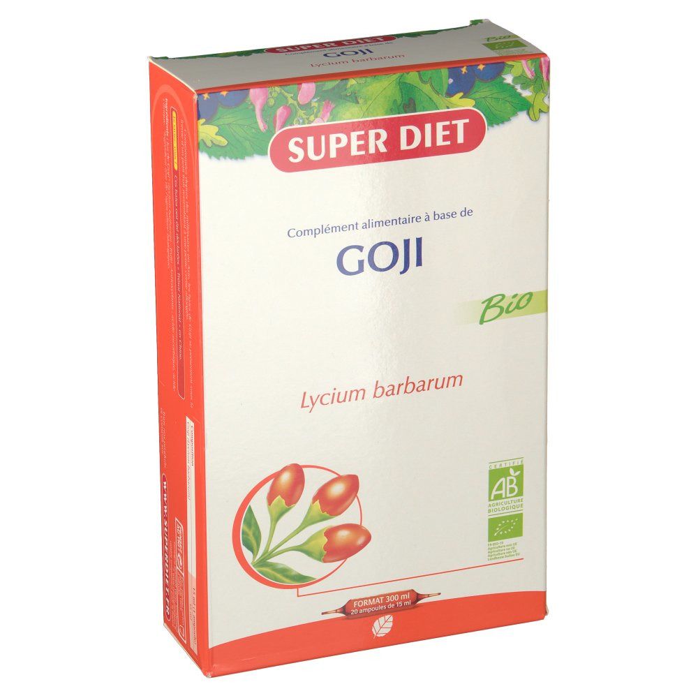 Karton mit Aufschrift SUPER DIET GOJI Bio. Abbildung von Goji-Beeren und Blättern. Bio-Siegel.