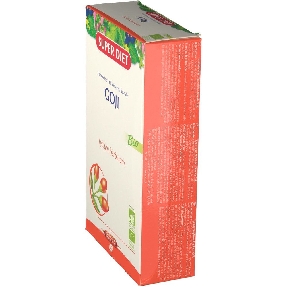 Karton SUPER DIET GOJI Bio, schräg. Aufschrift und Abbildung von Goji-Beeren. Rote Seiten.