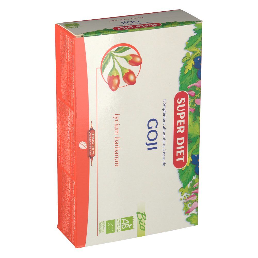 Karton SUPER DIET GOJI Bio, schräg. Aufschrift und Abbildung von Goji-Beeren. Rote Seiten.