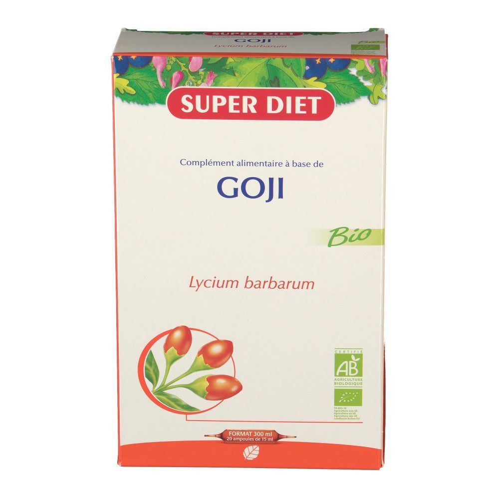 Karton mit Aufschrift SUPER DIET GOJI Bio. Abbildung von Goji-Beeren und Blättern. Bio-Siegel.