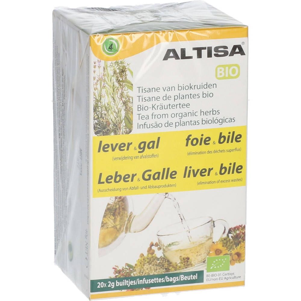 Verpackung von Altisa Thee Lever Gal Bio. 20 Beutel Tee. Bio-Zertifizierung. Mehrsprachige Beschriftung.