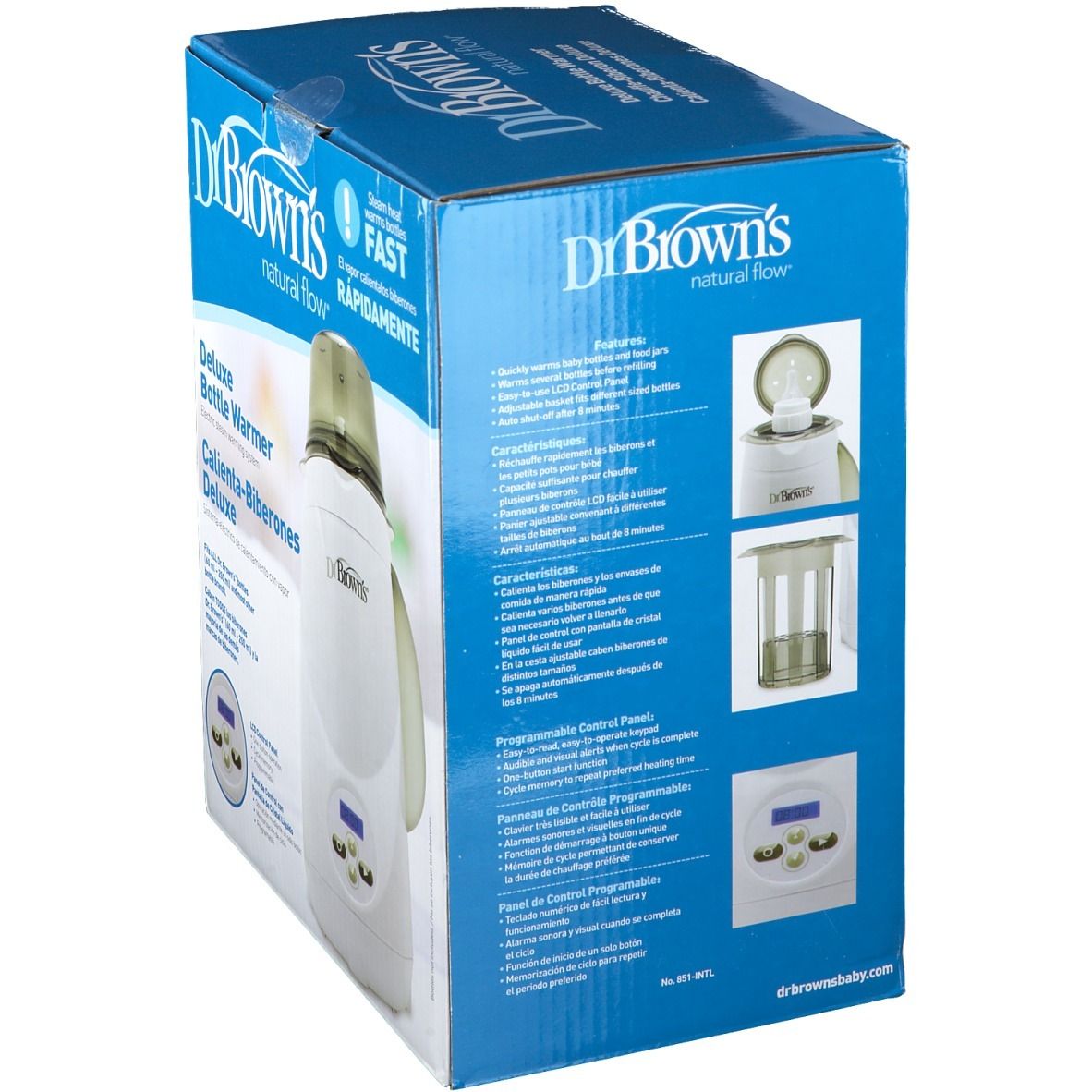 Dos de l'emballage du chauffe-biberon Deluxe Dr. Brown's. Illustrations et texte sur boîte bleue.