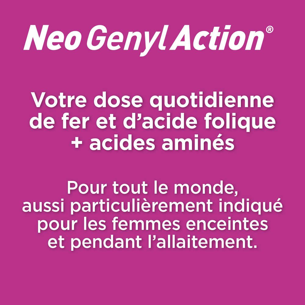 Page de texte Neo Genyl Action. Informations sur l'utilisation et les avertissements.