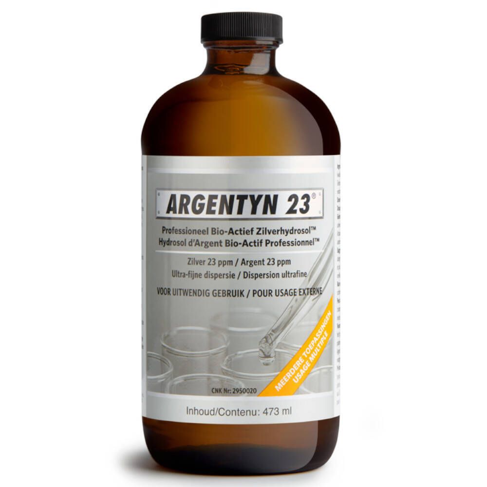 Braune Glasflasche mit schwarzem Deckel. Auf dem Etikett steht 'Argentyn 23'.