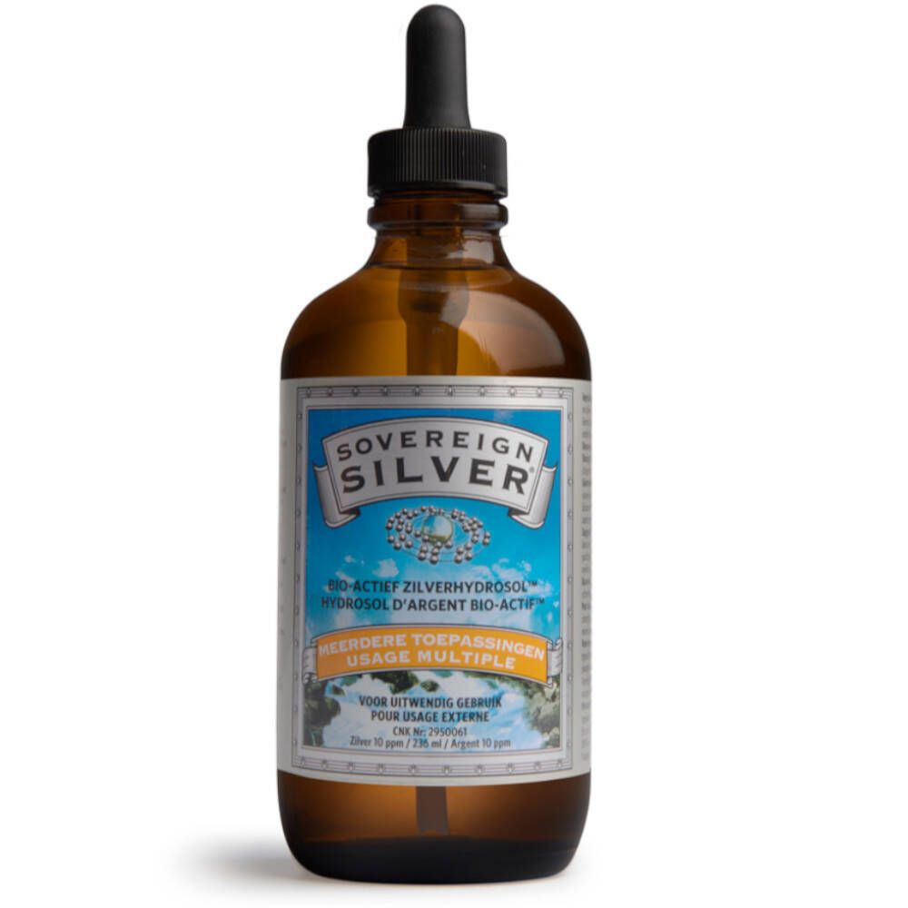 Braune Glasflasche mit Pipette. Aufkleber mit "Sovereign Silver" und Produktinformationen.