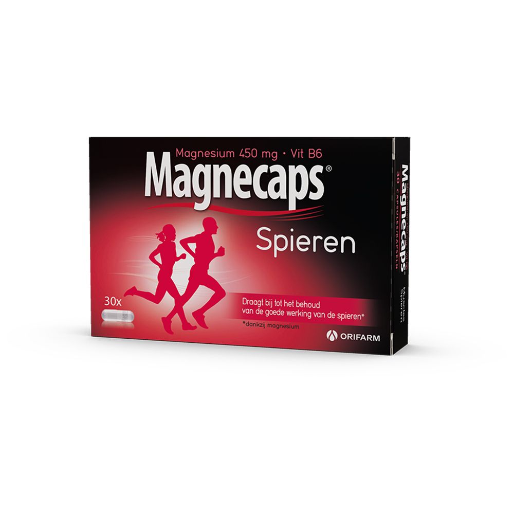 Schwarze Schachtel Magnecaps Spieren. Aufdruck: Magnesium 450 mg + Vit B6. Enthält 30 Kapseln. Abbildung von Läufern.