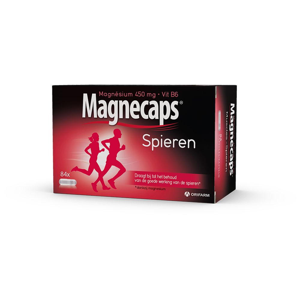 Verpackung Magnecaps Spieren. Enthält 84 Kapseln. Aufschrift: Magnesium 450 mg + Vit B6. Zwei laufende Personen.