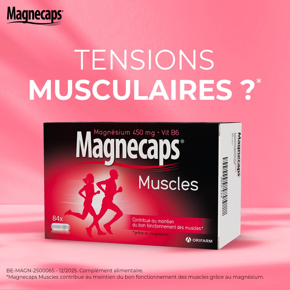 Emballage Magnecaps Muscles. Contient 84 gélules. Inscription : Magnésium 450 mg + Vit B6. Deux personnes en train de courir.