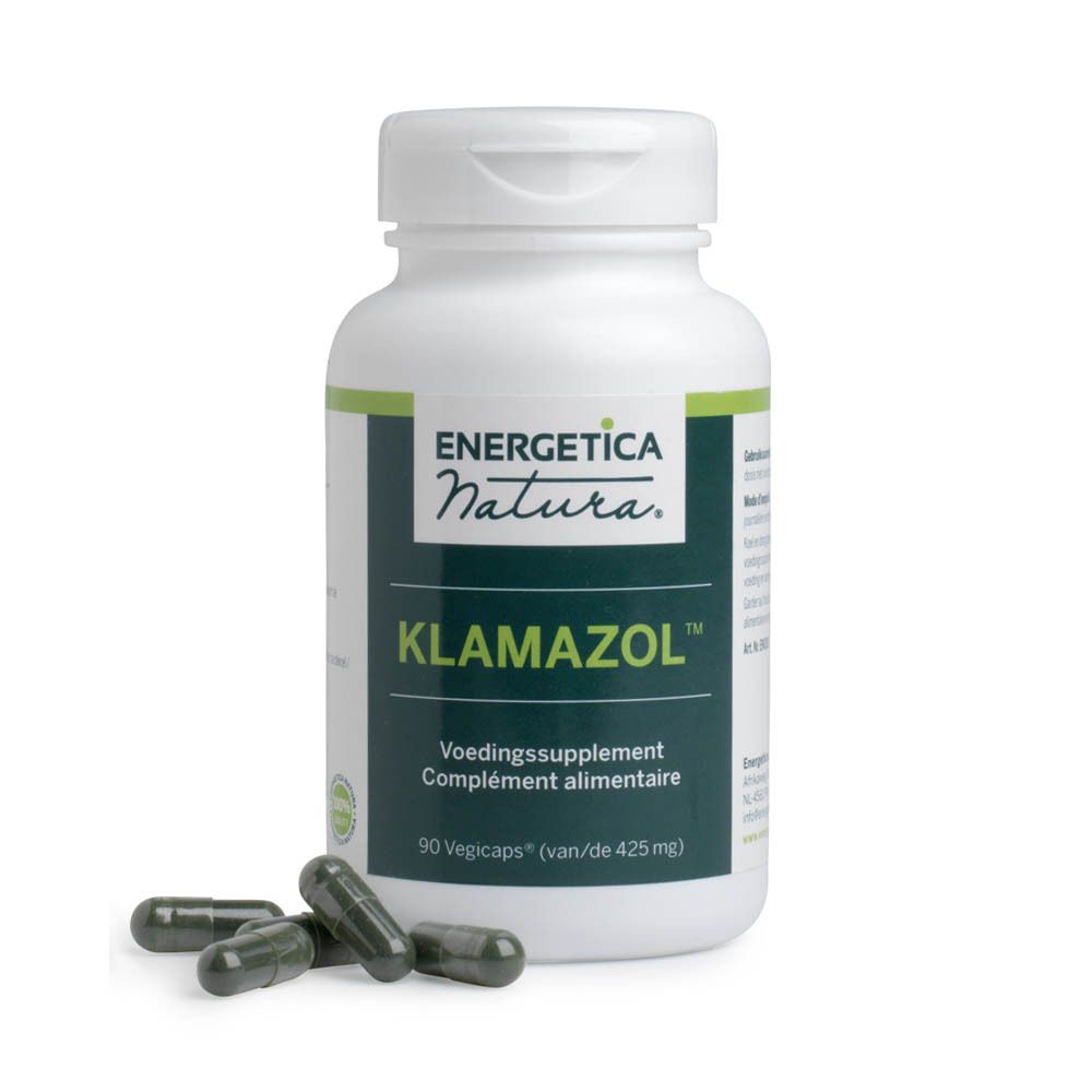 Weiße Flasche mit grünem Etikett. Aufschrift: Klamazol, 90 Vegicaps. Marke: Energetica Natura.