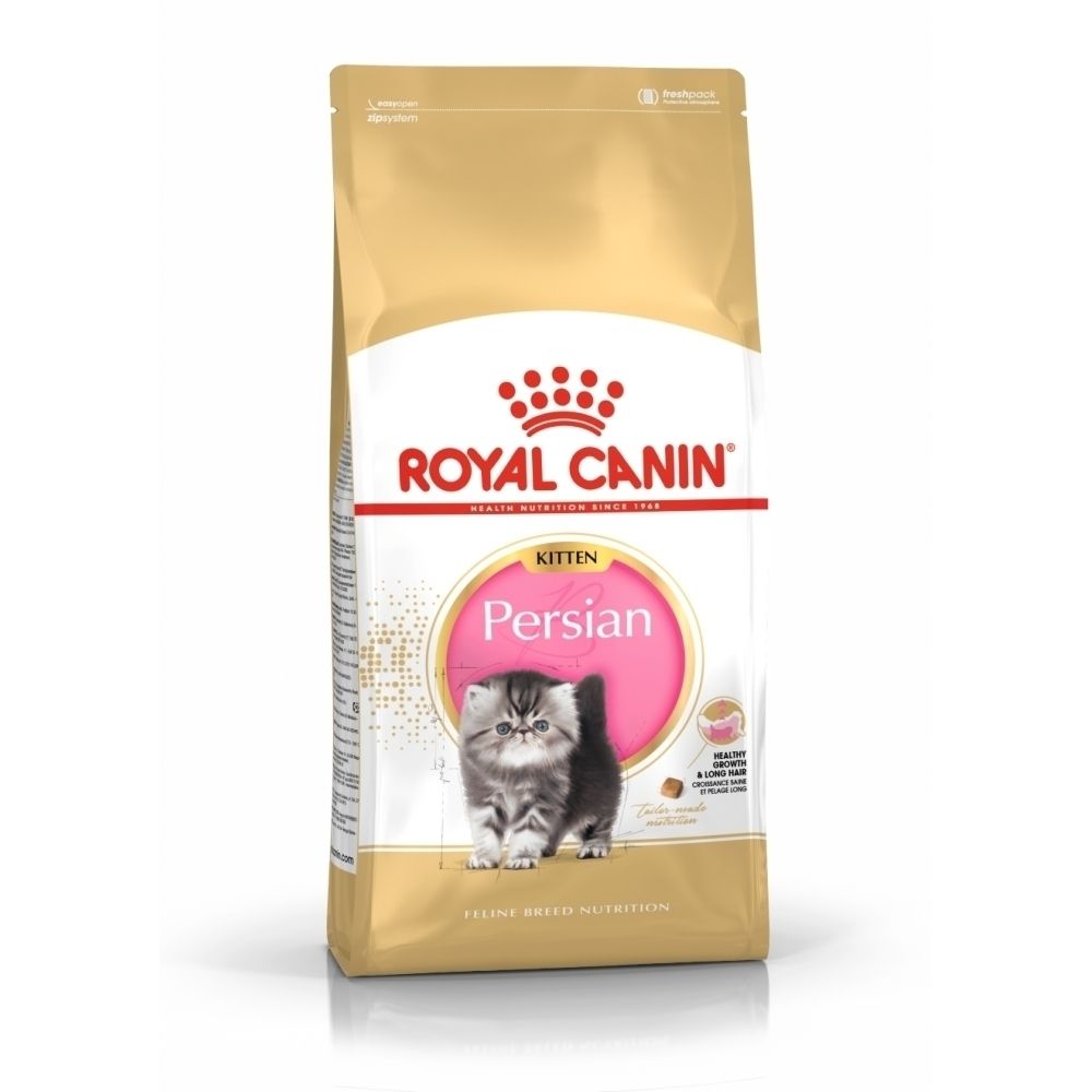 Goldene Verpackung für Royal Canin Persian Kitten Futter mit Bild eines Kätzchens.