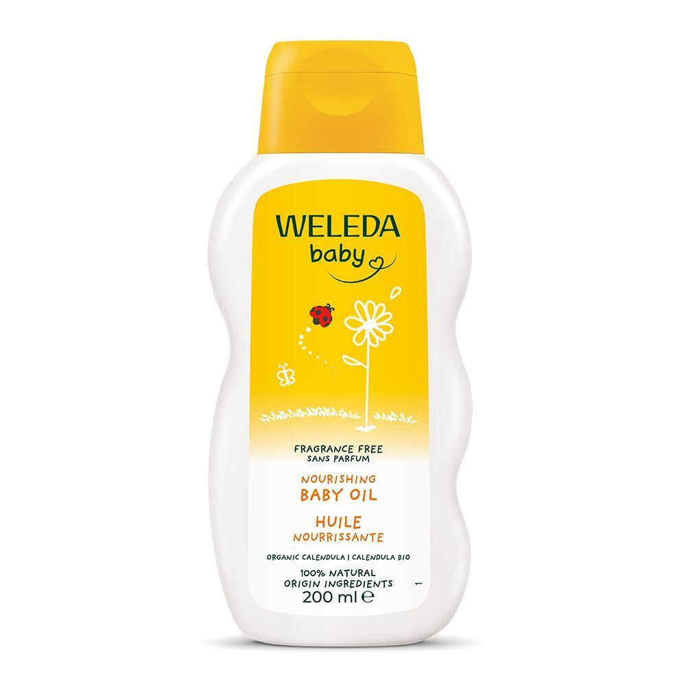 Flacon Weleda Baby, huile nourrissante Calendula. Bouchon jaune. Ingrédients 100% naturels, 200 ml. Texte: Huile Nourrissante.