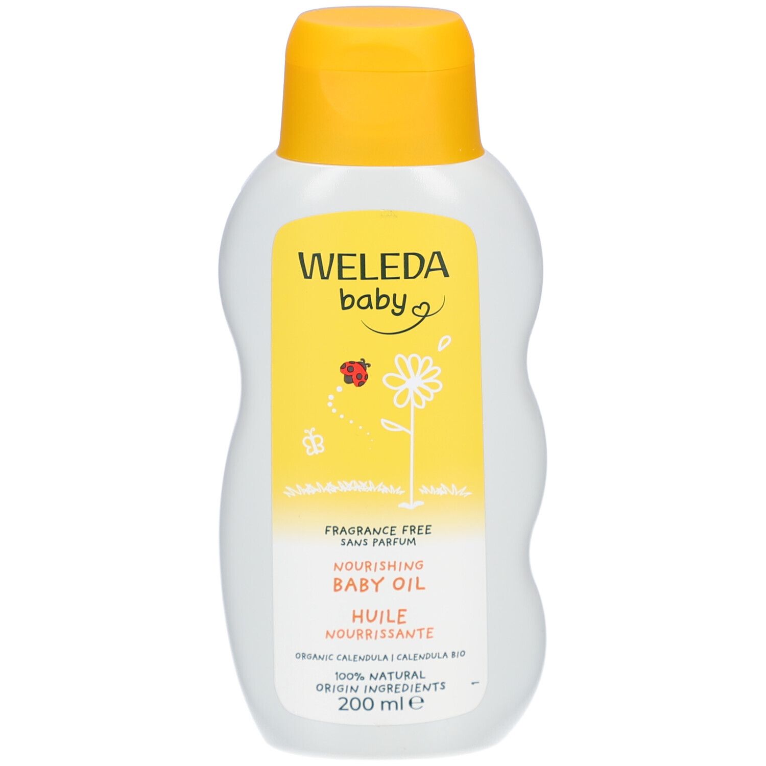 Weleda Baby Pflegeöl, gelbe Kappe, gelbes Etikett mit Logo, Schriftzug, Blume, Marienkäfer. 200 ml Flasche.