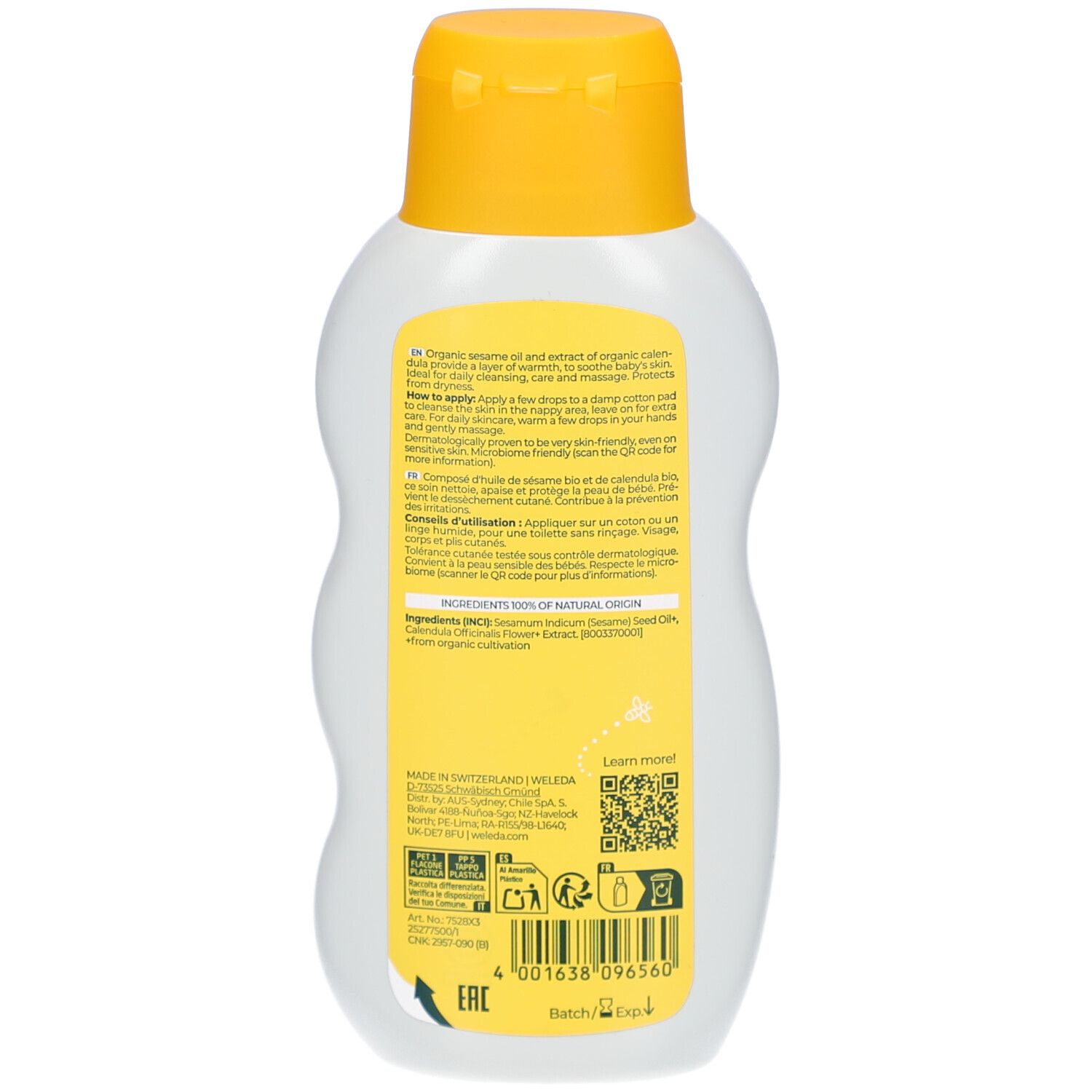 Rückseite der Weleda Baby Ölflasche. Text, Inhaltsstoffe, QR-Code, Chargennummer, EAN-Code, Zertifizierungen.