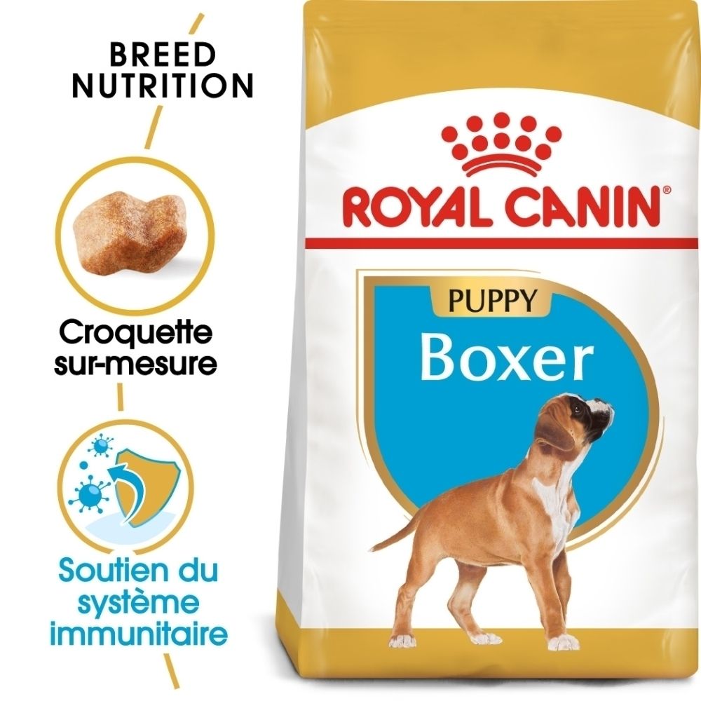 Royal Canin Boxer Puppy Hundefutter-Sack mit Bild eines Boxerwelpen und Text "Breed Nutrition".