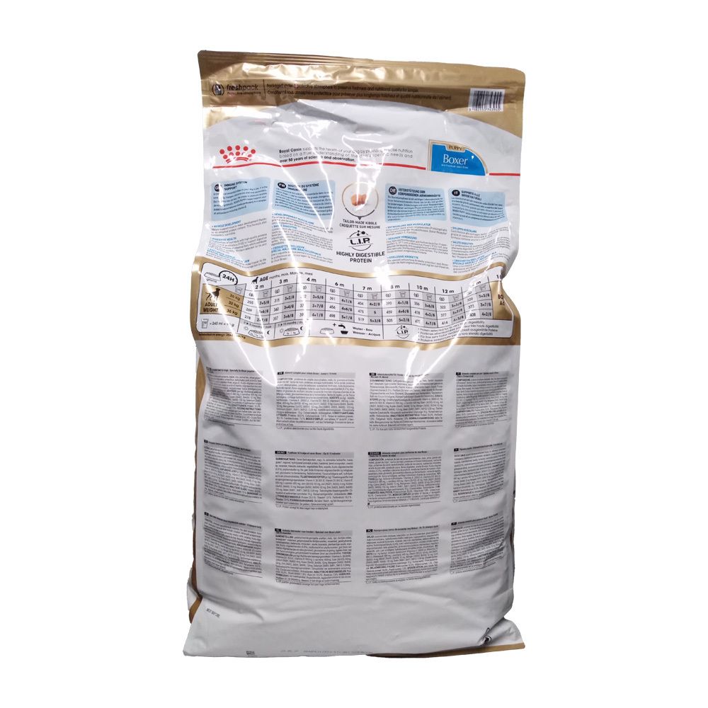 Rückseite eines 12kg Sackes Royal Canin Boxer Puppy Trockenfutter.