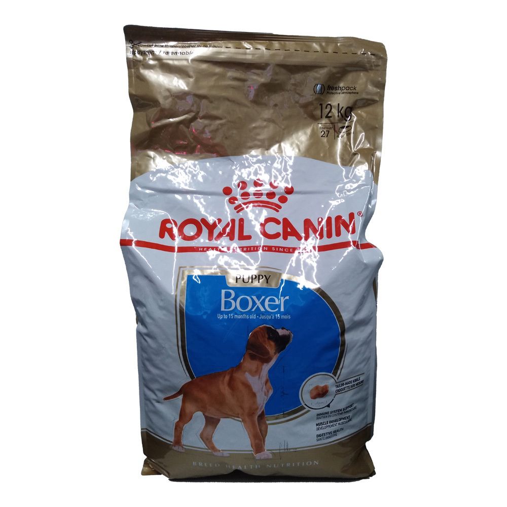 Vorderseite eines 12kg Sackes Royal Canin Boxer Puppy Trockenfutter mit Hundewelpen-Abbildung.