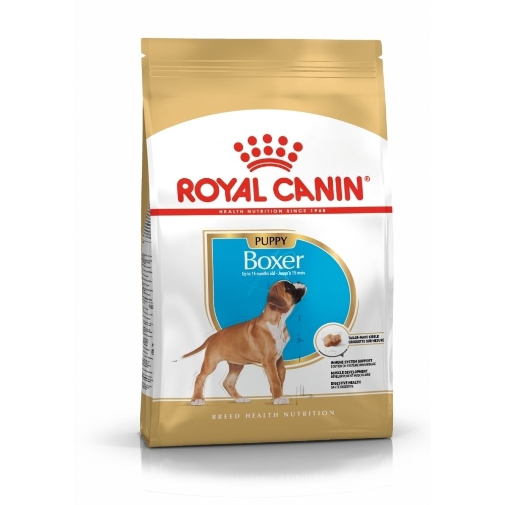 Royal Canin Boxer Puppy Hundefutter-Beutel mit Boxer-Welpen-Illustration und Produktinformationen.