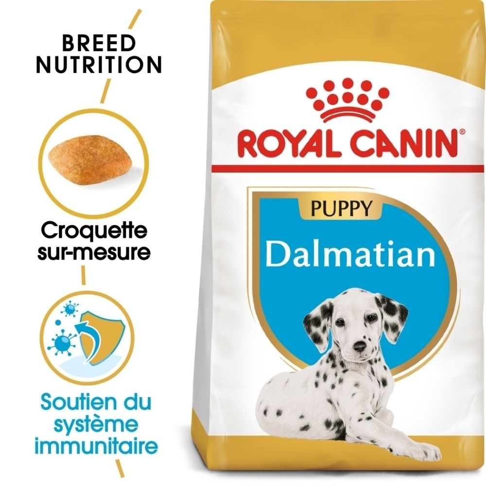 Avant d'un paquet de nourriture Royal Canin pour chiot Dalmatien, avec image d'un chiot et caractéristiques du produit.