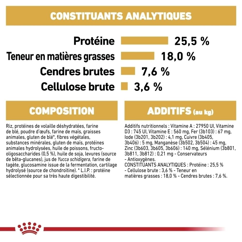 Représentation de croquettes et d'icônes pour le soutien immunitaire et digestif pour Royal Canin Dalmatien chiot.