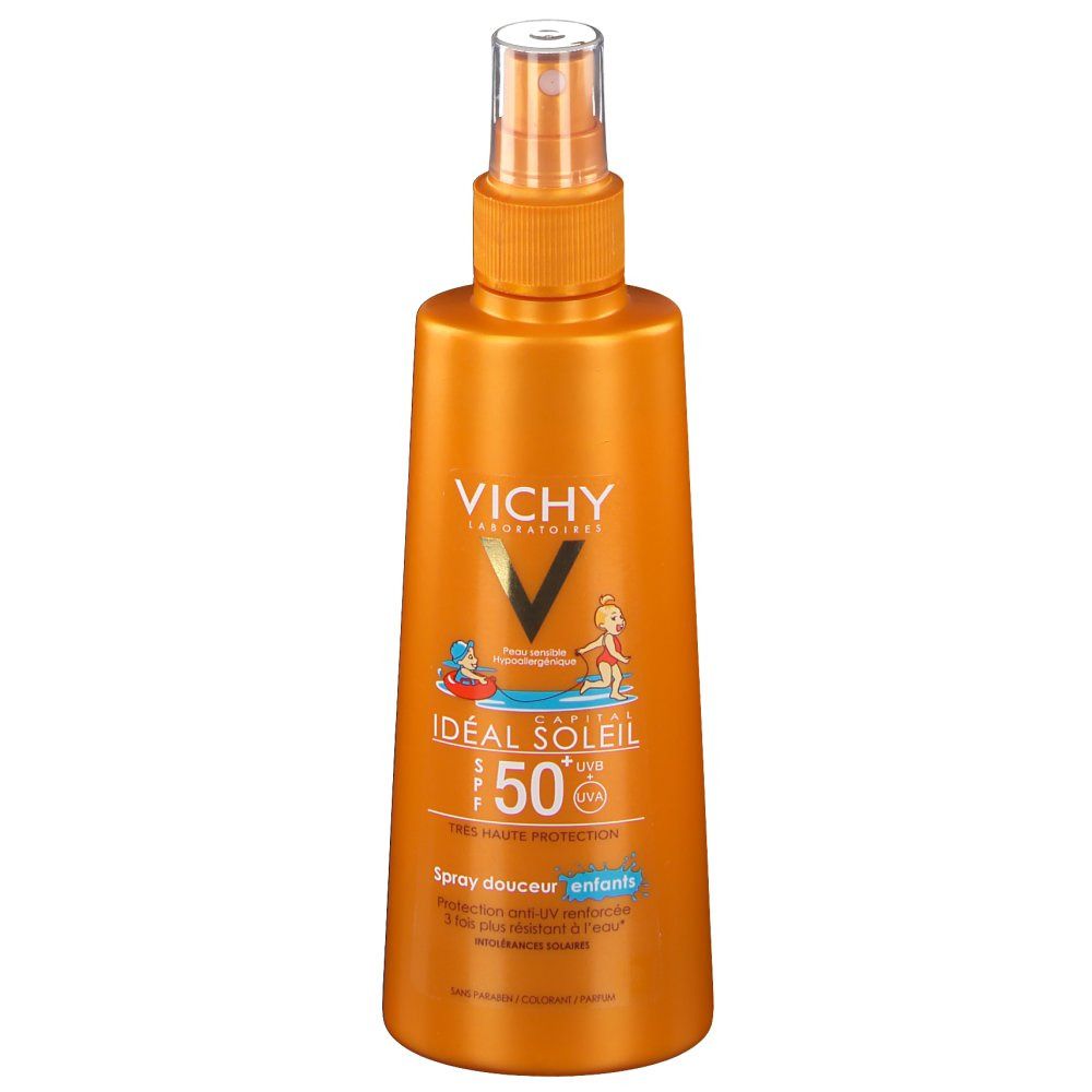 Orangefarbene Sprühflasche mit VICHY-Logo und Produktbezeichnung. Aufschrift: Idéal Soleil 50+ für Kinder. Mit Abbildung von Kindern.
