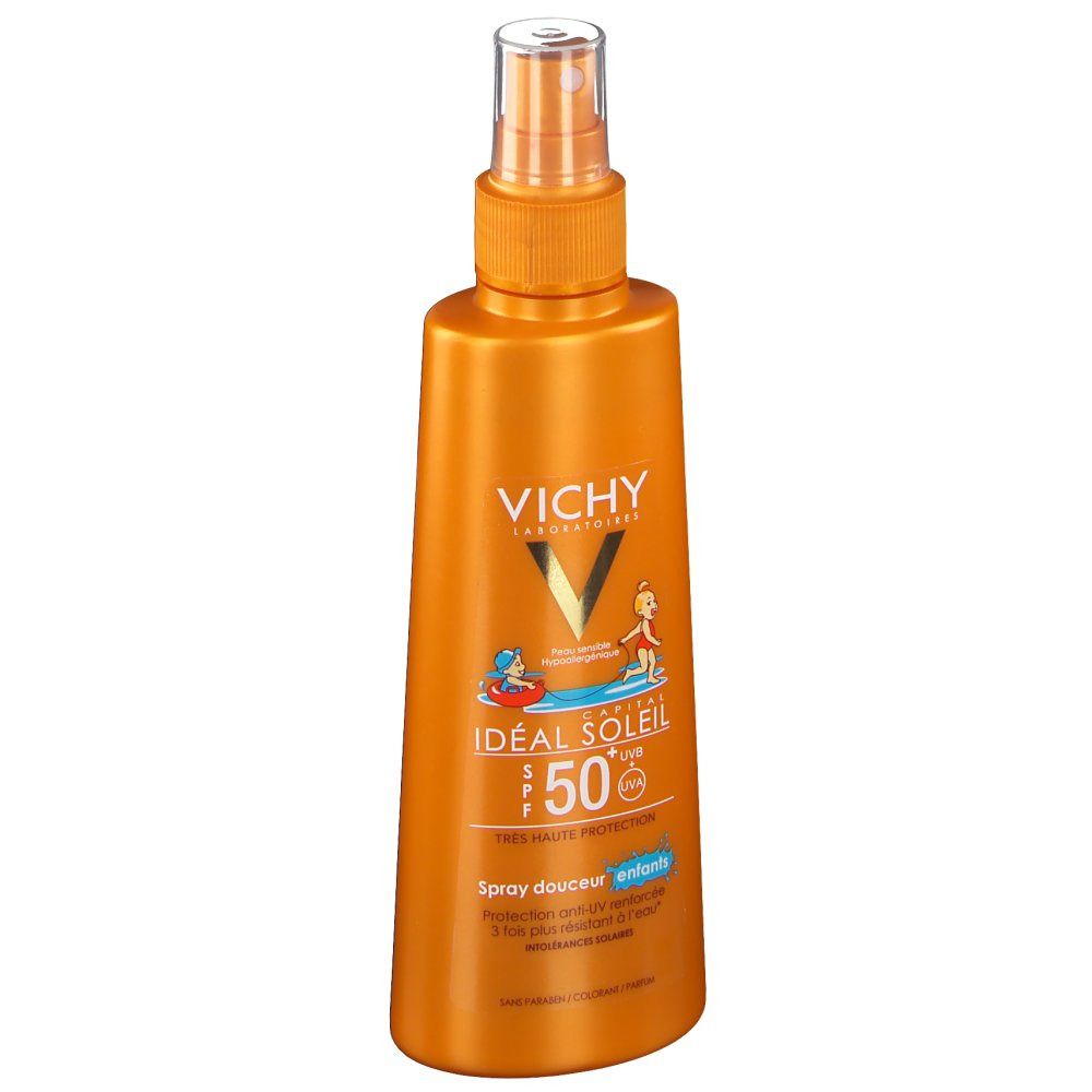 Orangefarbene Sprühflasche mit VICHY-Logo und Produktbezeichnung. Aufschrift: Idéal Soleil 50+ für Kinder. Mit Abbildung von Kindern.