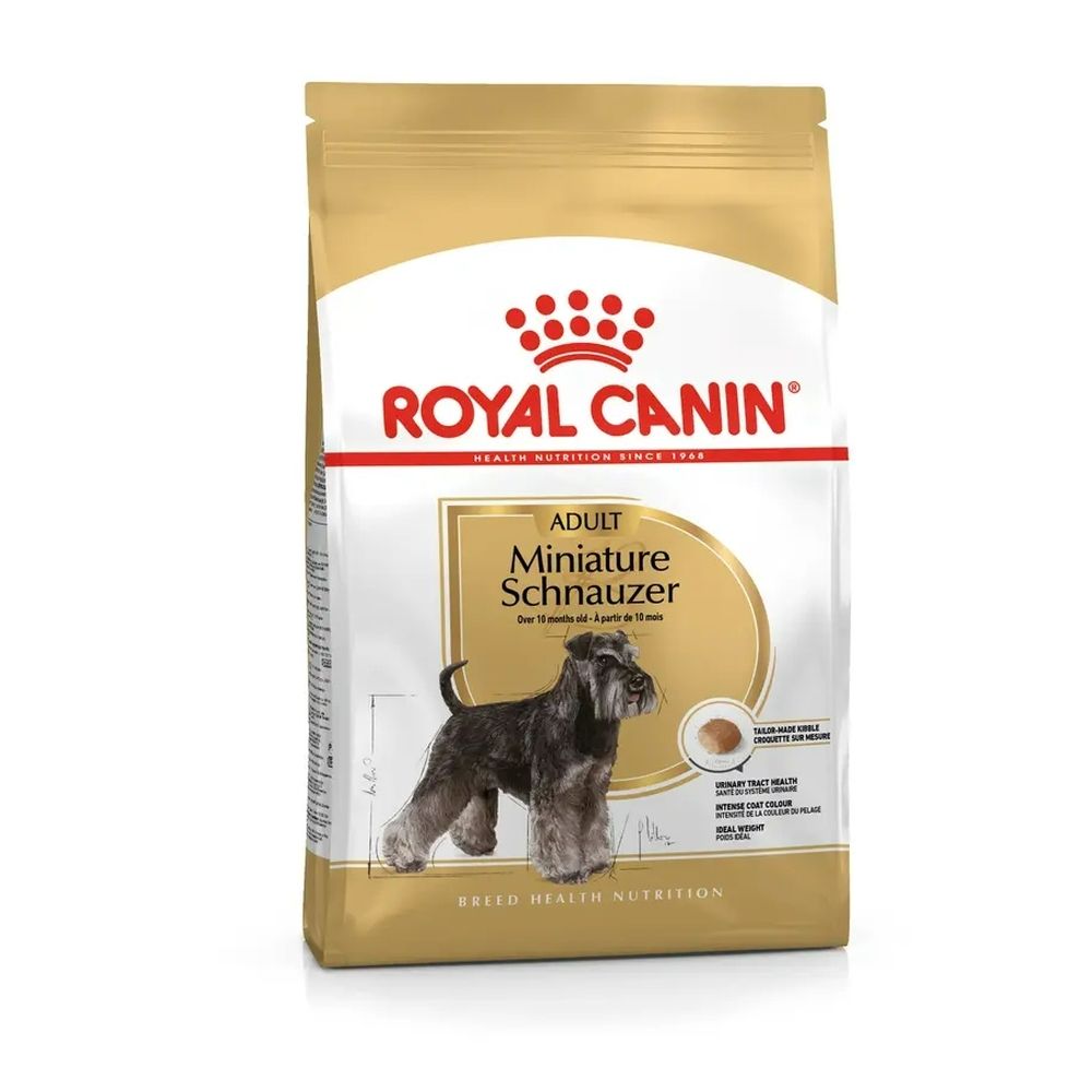 Royal Canin Miniature Schnauzer Adult Hundefutter-Packung mit Bild eines Schnauzers.